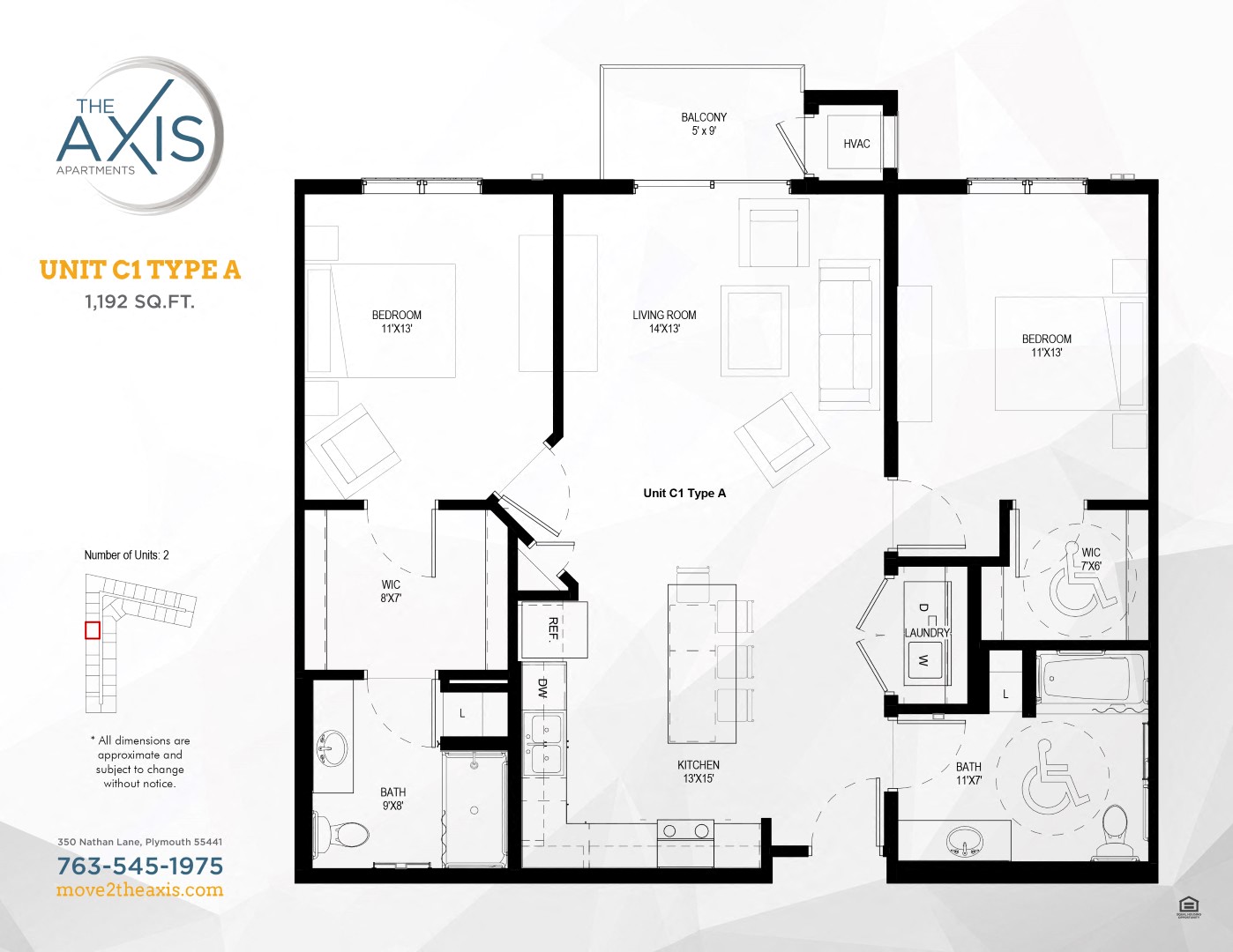 Floor plan for 2 beds, 2 baths, 1192 sqft